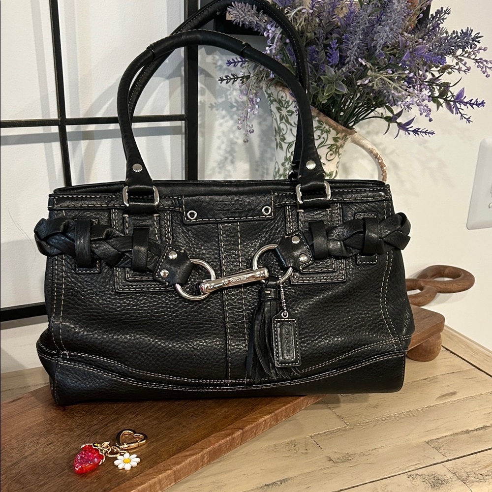 Coach Black Leather Shoulder Bag with Braided Trim - Picture 4 of 6